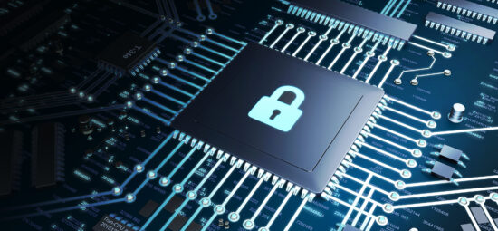 Extreme close-up of a circuit board showcasing a padlock icon on a chip