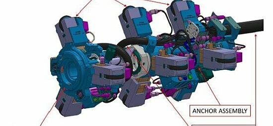 A computer-aided design image of the Kinectrics moderator relief duct inspection equipment (MORDIE)