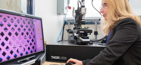 Worker examining microscope image on a computer screen
