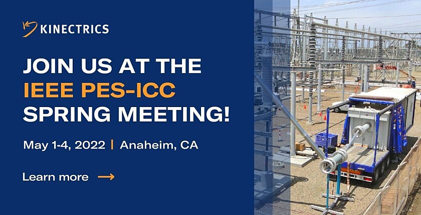 Kinectrics promotional banner titled "Join us at the IEEE PES-ICC Spring Meeting!"