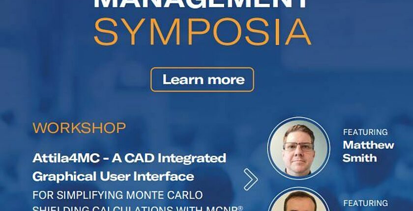 Kinectrics panel titled "Attila4MC a CAD Integrated Graphical User Interface for Simplifying Monte Carlo Shielding Calculations with MCNP, featuring Matthew Smith and Eric Heritage"