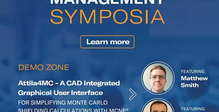 Kinectrics panel titled "Attila4MC a CAD Integrated Graphical User Interface for Simplifying Monte Carlo Shielding Calculations with MCNP, featuring Matthew Smith and Eric Heritage"