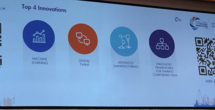 Photograph of a powerpoint presentation showcasing the top 4 innovations of the event: machine learning, digital twins, advanced manufacturing, and innovative frameworks for sharing comparable data