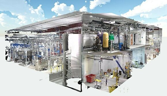 A composite photograph of multiple 3D scans photoshopped together to form a facility floorplan