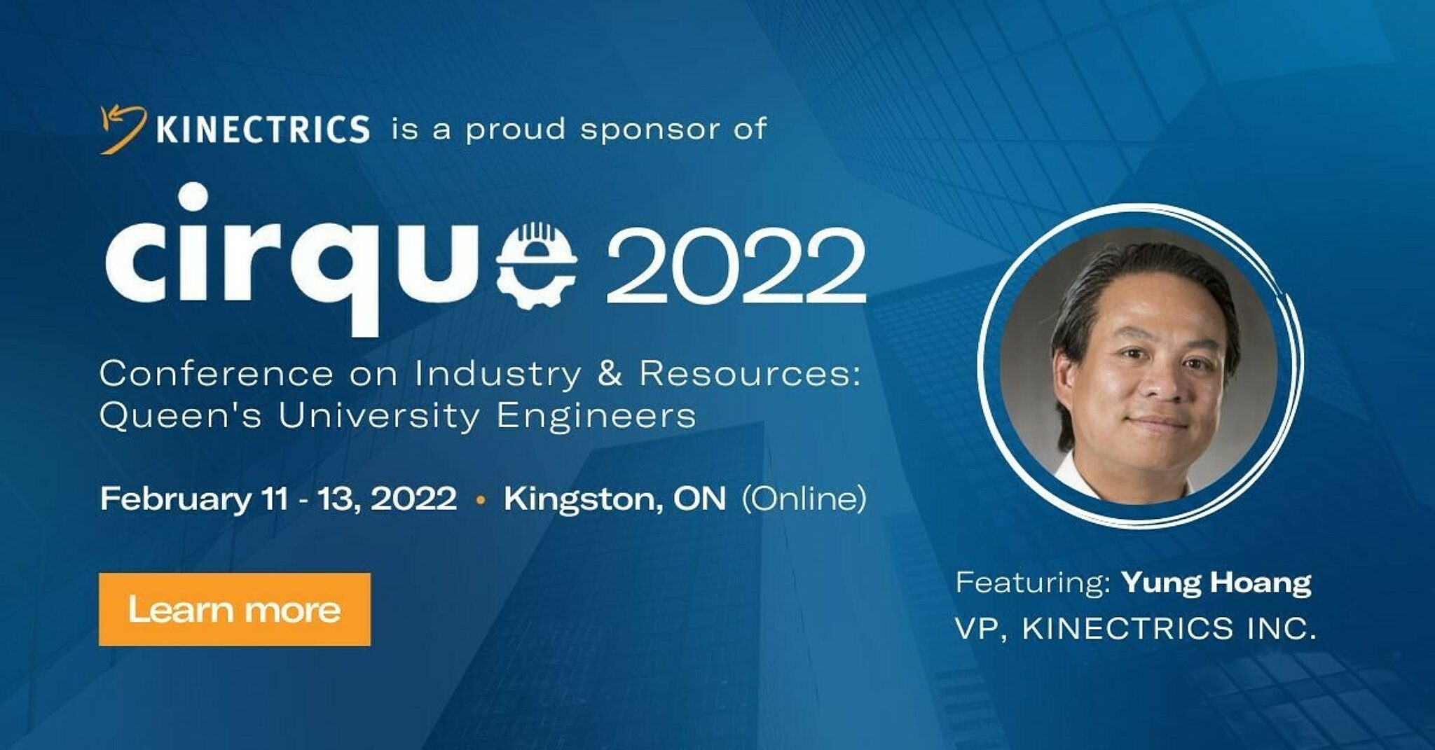 Kinectrics promotional banner titled "CIRQUE 2022 Conference on Industry & Resources: Queen's University Engineers"