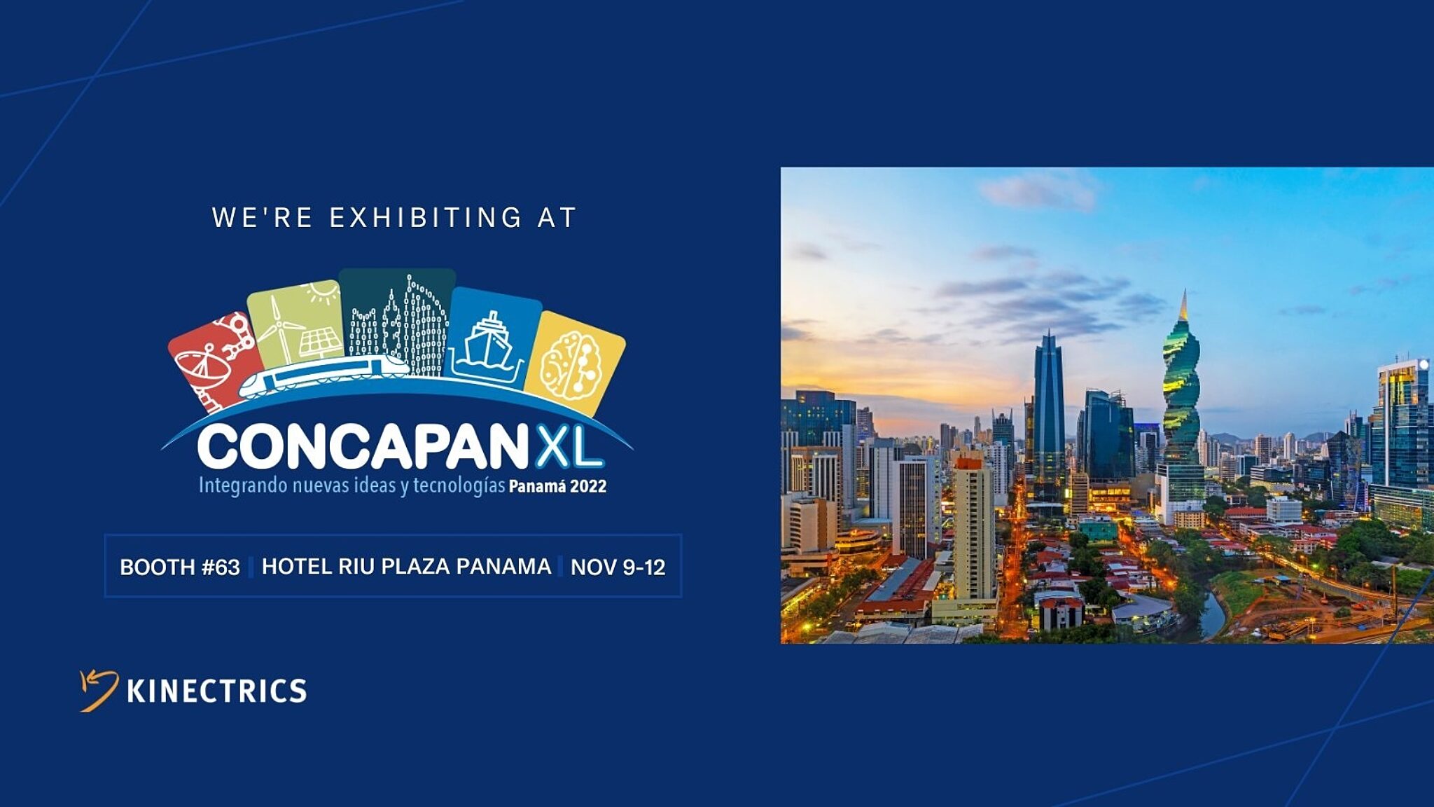 Kinectrics promotional banner titled "CONCAPAN XL Integrando Neuvas Ideas Y Tecnologias Panama 2022"