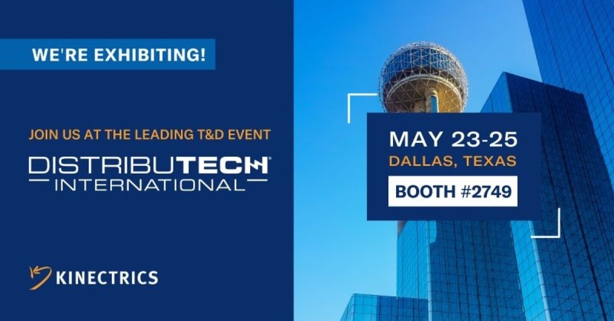 Kinectrics promotional banner titled "Join us at the leading T&D event Distributech International"