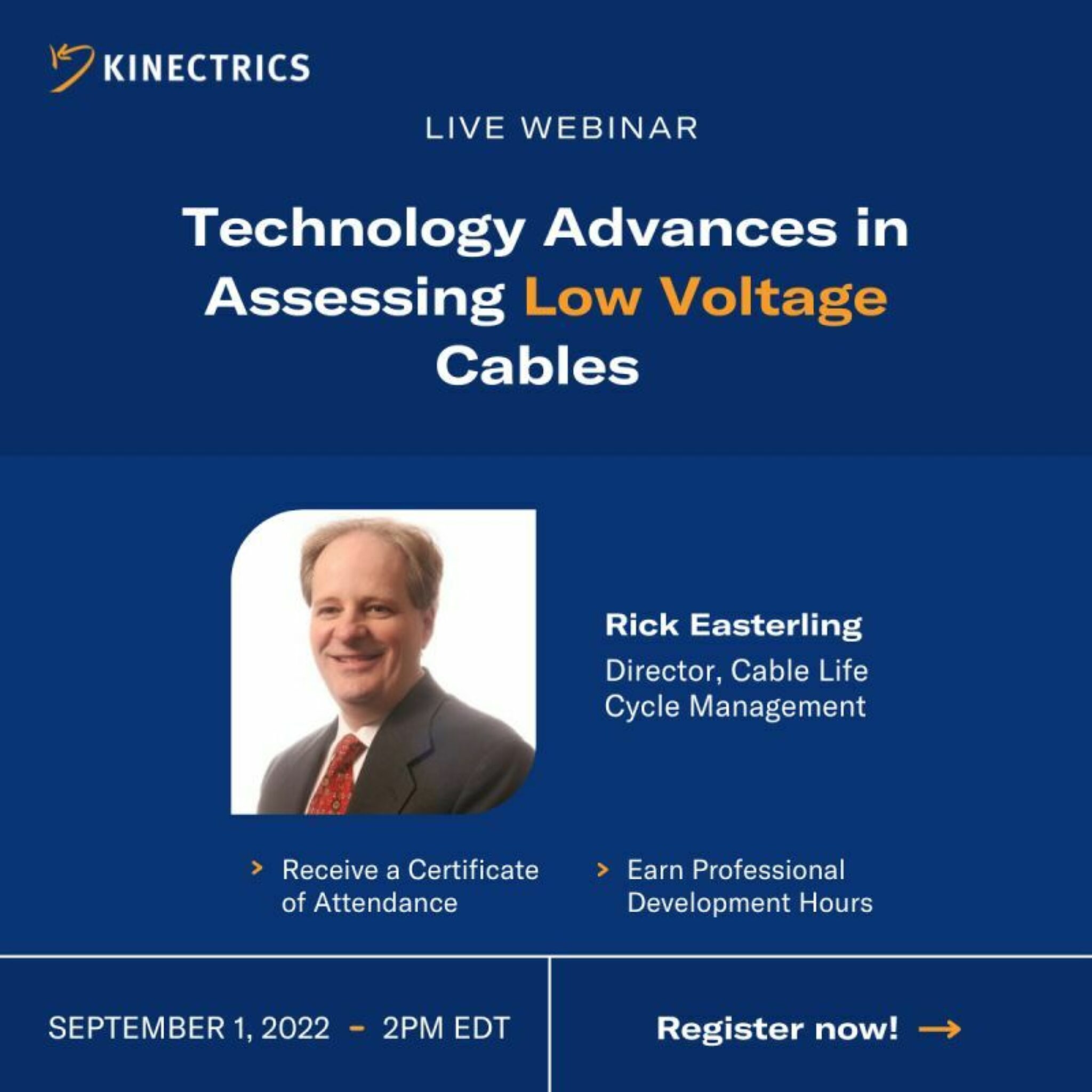 Kinectrics promotional banner titled "Technology Advances in Assessing Low Voltage Cables"