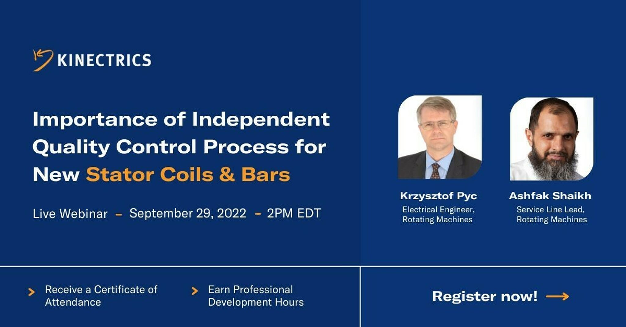 Kinectrics panel titled "Importance of Independent Quality Control Process for New Stator Coils & Bars, with Krysztof Pyc and Ashfak Shaikh"