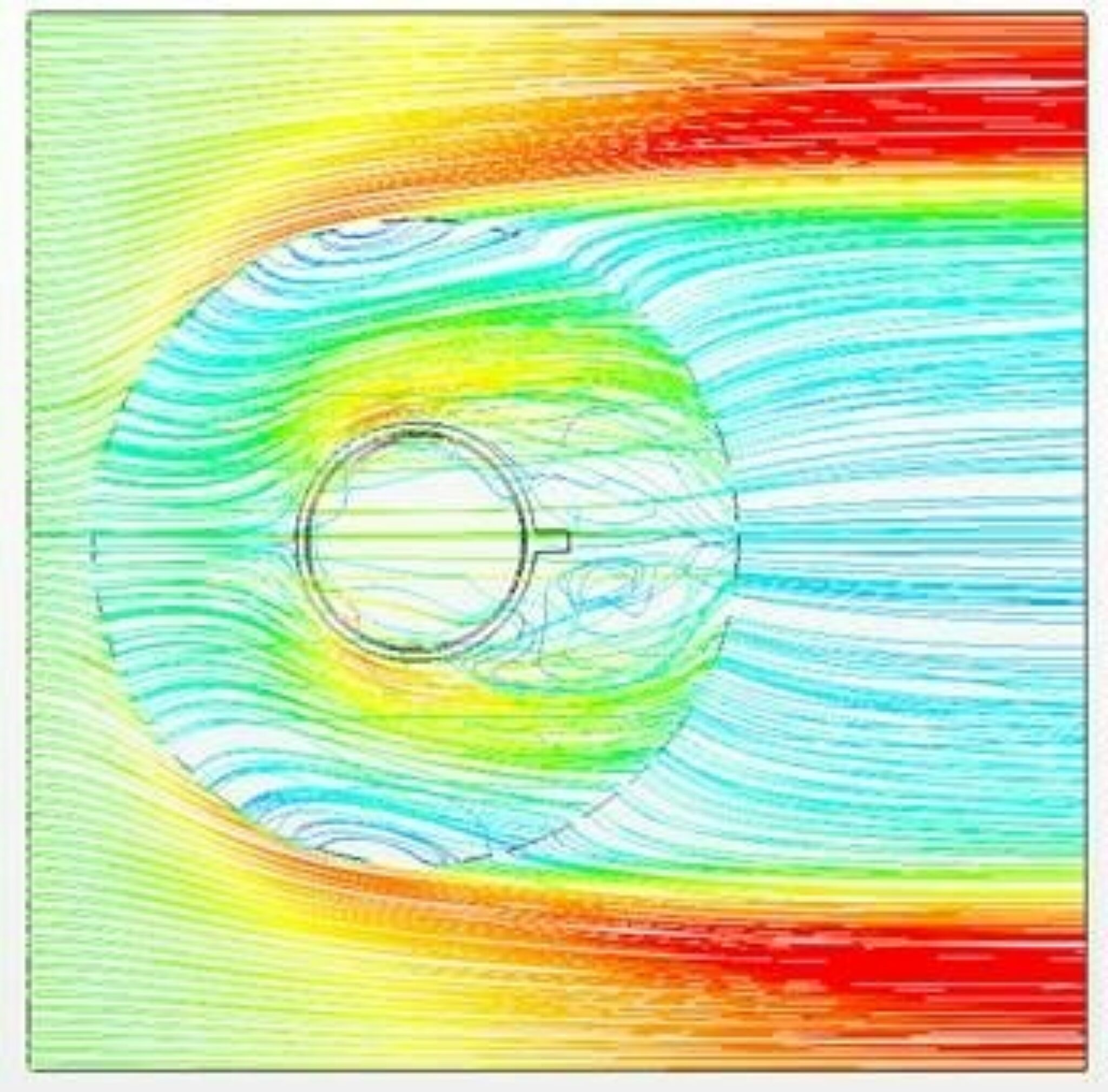 A computer generated image of heat flow surrounding a pipe in a moving fluid