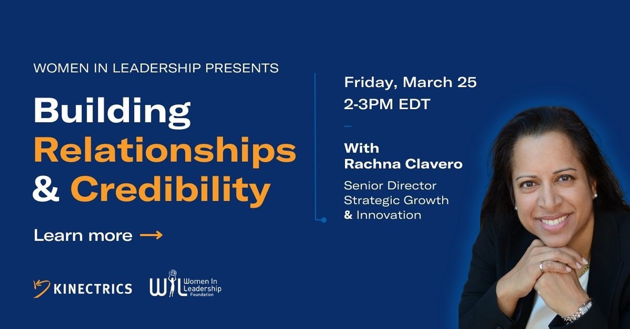 Kinectrics promotional banner titled "Building Relationships & Credibility, with Rachna Clavero"