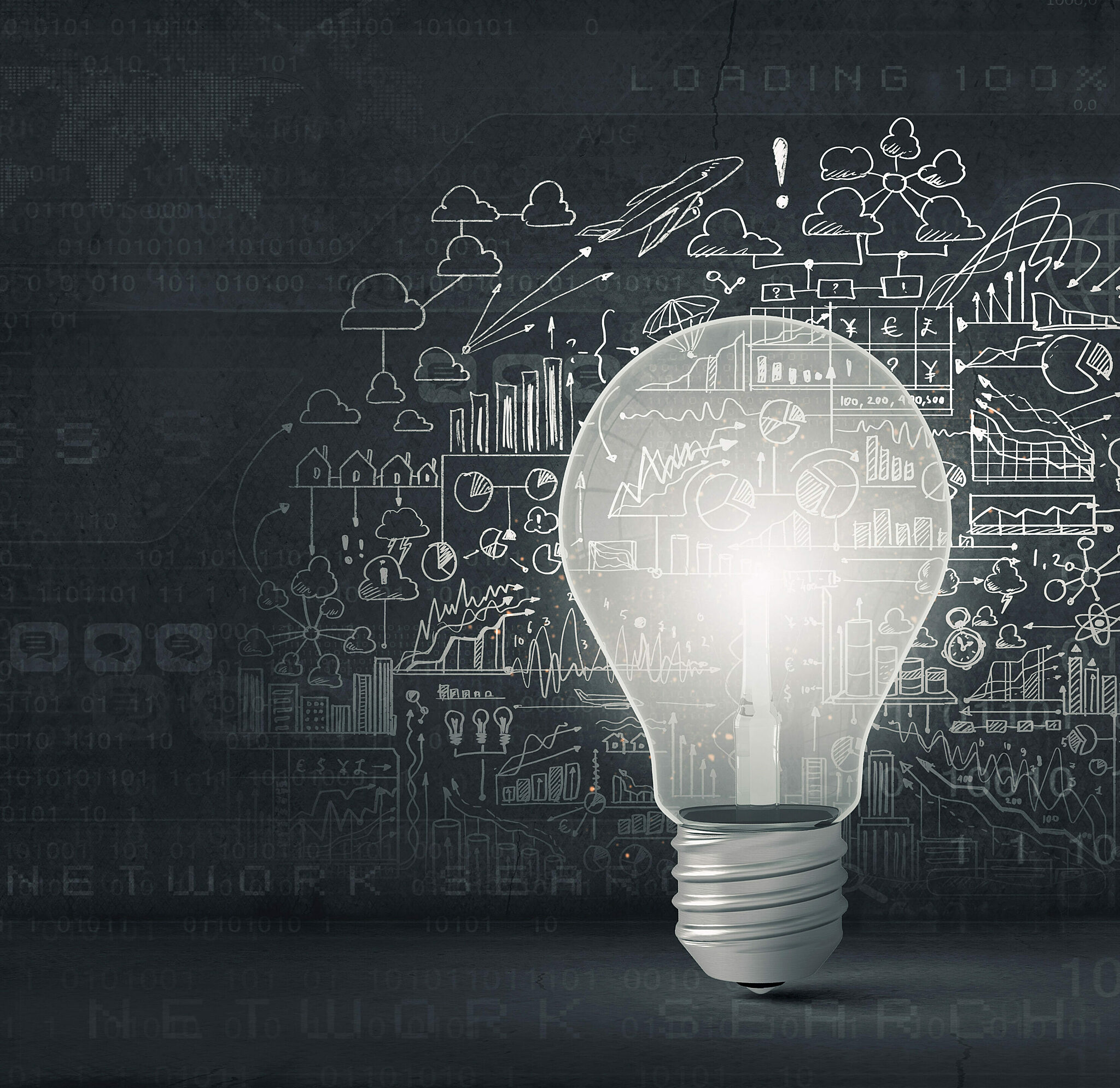Abstract art of a massive lightbulb in front of a chalkboard filled with notes and illustrations